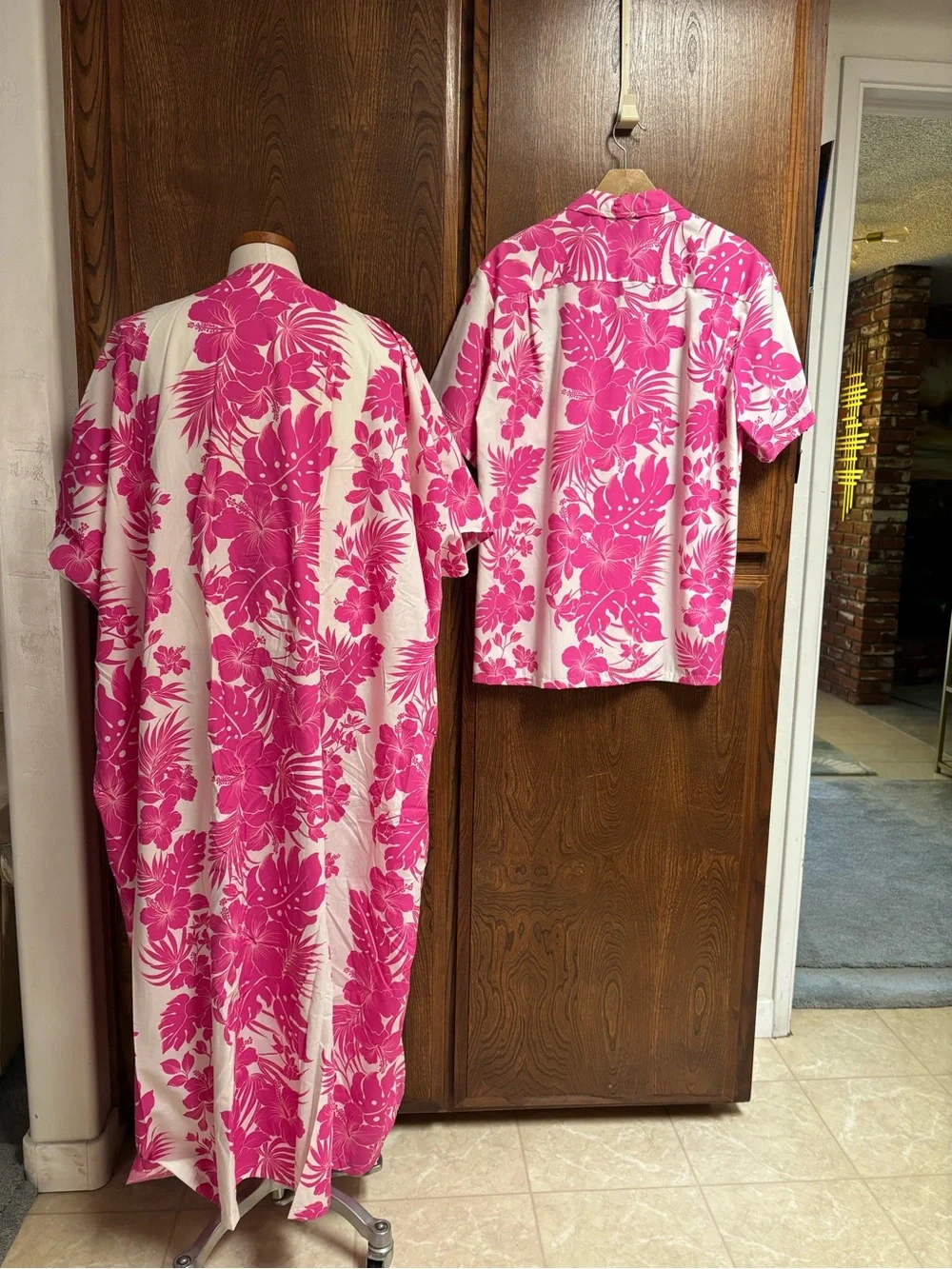 Pink & White Hawaiian Maxi Dress with Mens Matching Shirt. Honeymoon Set.